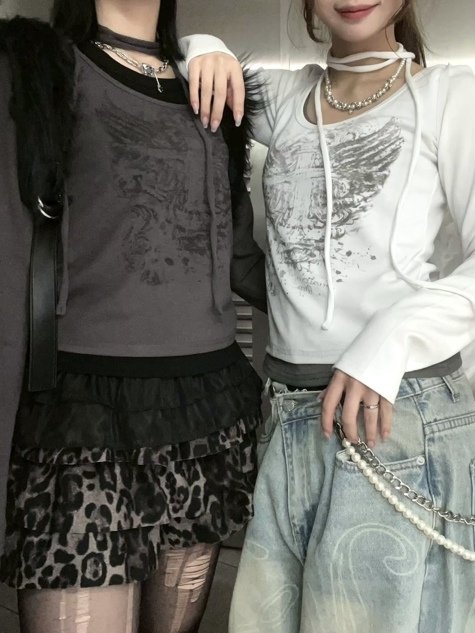 Never mind the XU】tie set cross wing long sleeve tee (3color