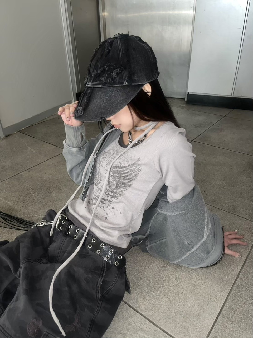 Hillda Cross Hotfix Long Sleeve 韓国ファッション Never mind the XU】tie set cross wing long sleeve tee (3color