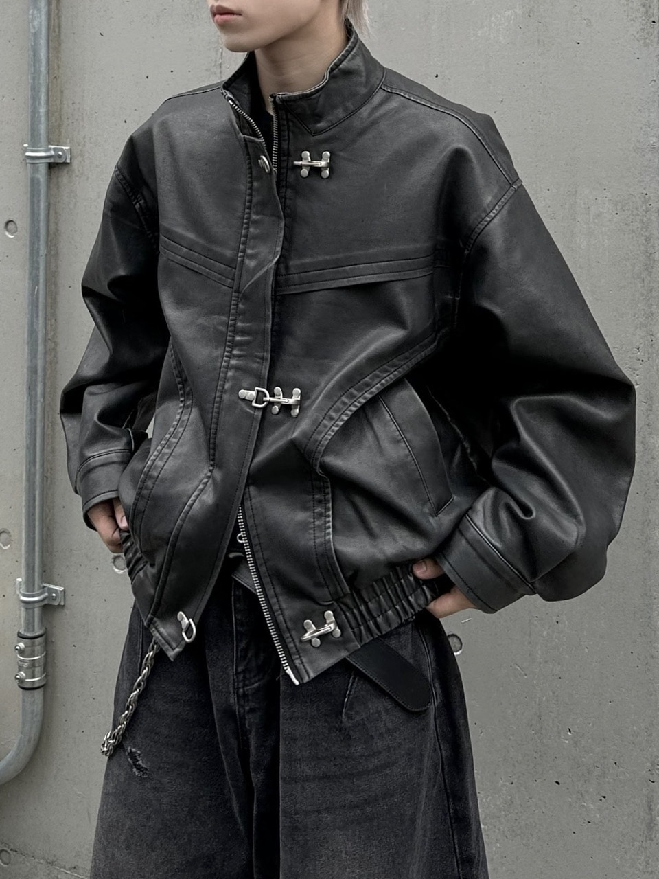 大阪店WEB限定受注制【Chikashitsu +】overfit fireman leather jacket