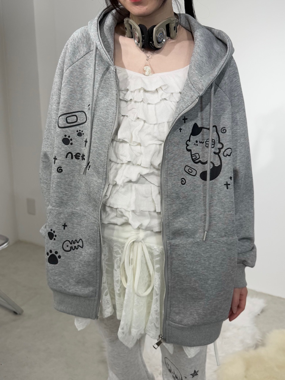 受注制【Nerd out XU】neko!! Zip hoodie (2color) / 【ナードアウト