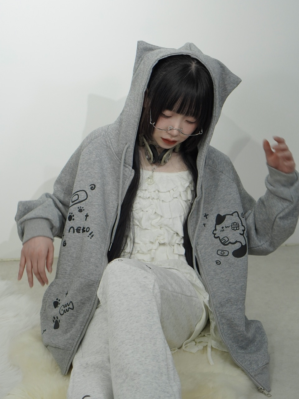 受注制【Nerd out XU】neko!! Zip hoodie (2color) / 【ナードアウト