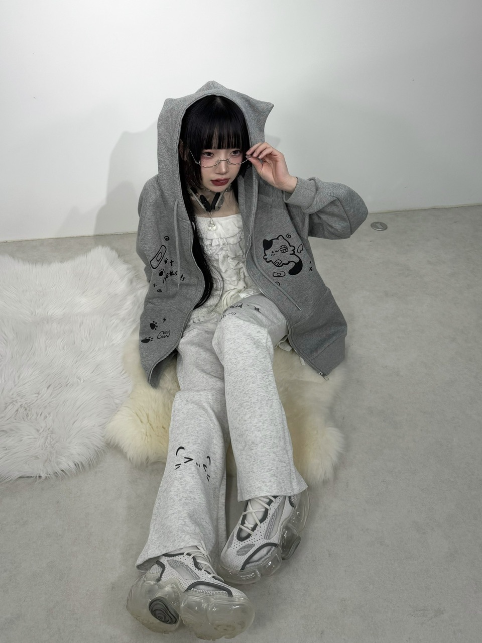 受注制【Nerd out XU】neko!! Zip hoodie (2color) / 【ナードアウト