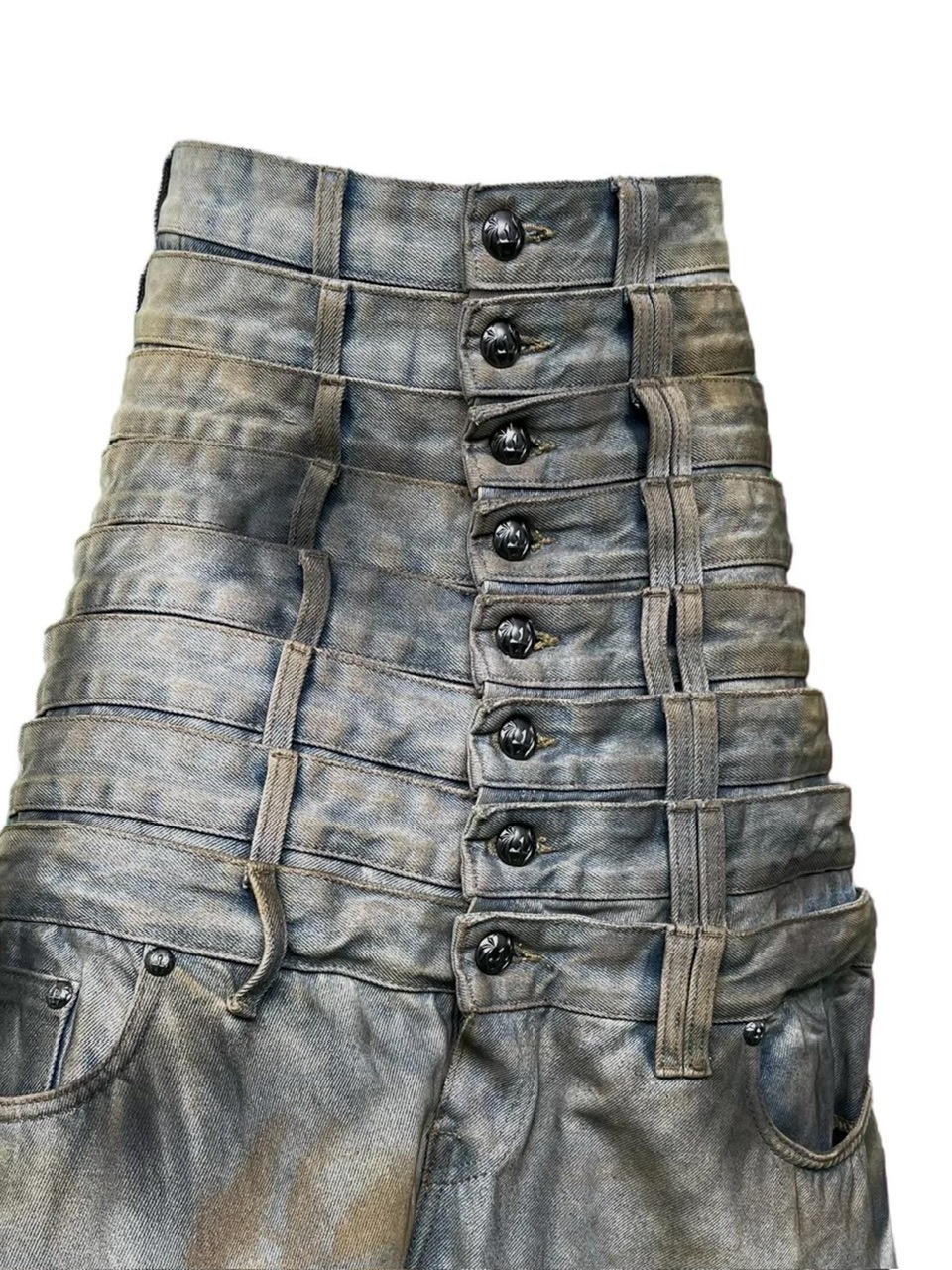 【UNIZ】8 Backs J-Cut Pants / 【ユニズ】ダーティーライクレイヤードバルーンデニムパンツ