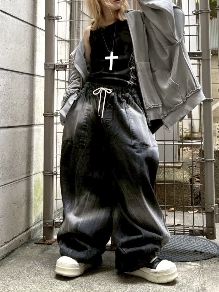 受注制【Never mind the XU】washde ballon denim pants / 【エックスユードッグ】ウォッシュドバルーンデニムパンツ