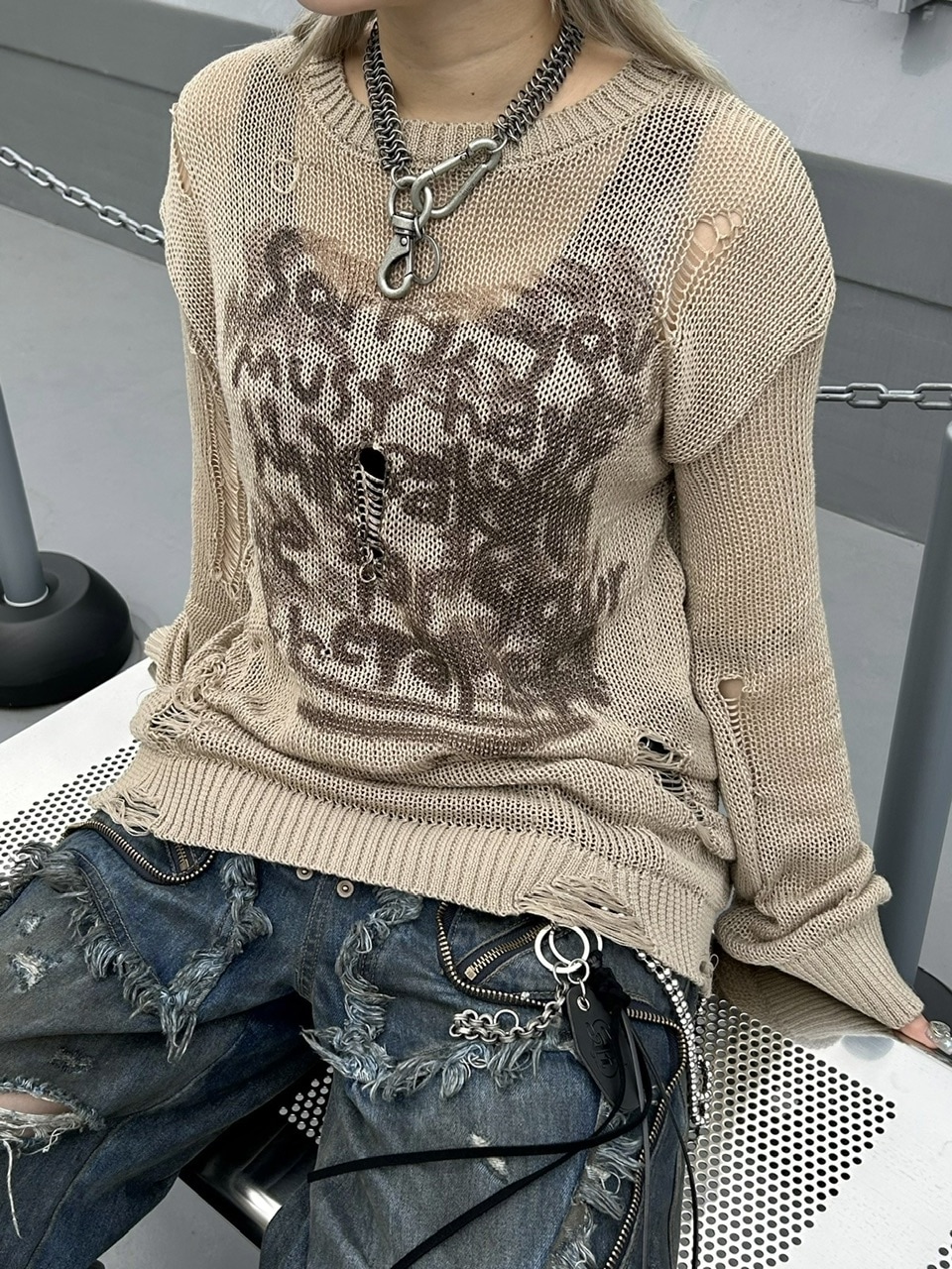 受注制【Never mind the XU】damage loose knit (3color) / 【ネバーマインドザエックスユー】ダメージルーズロゴ長袖ニット