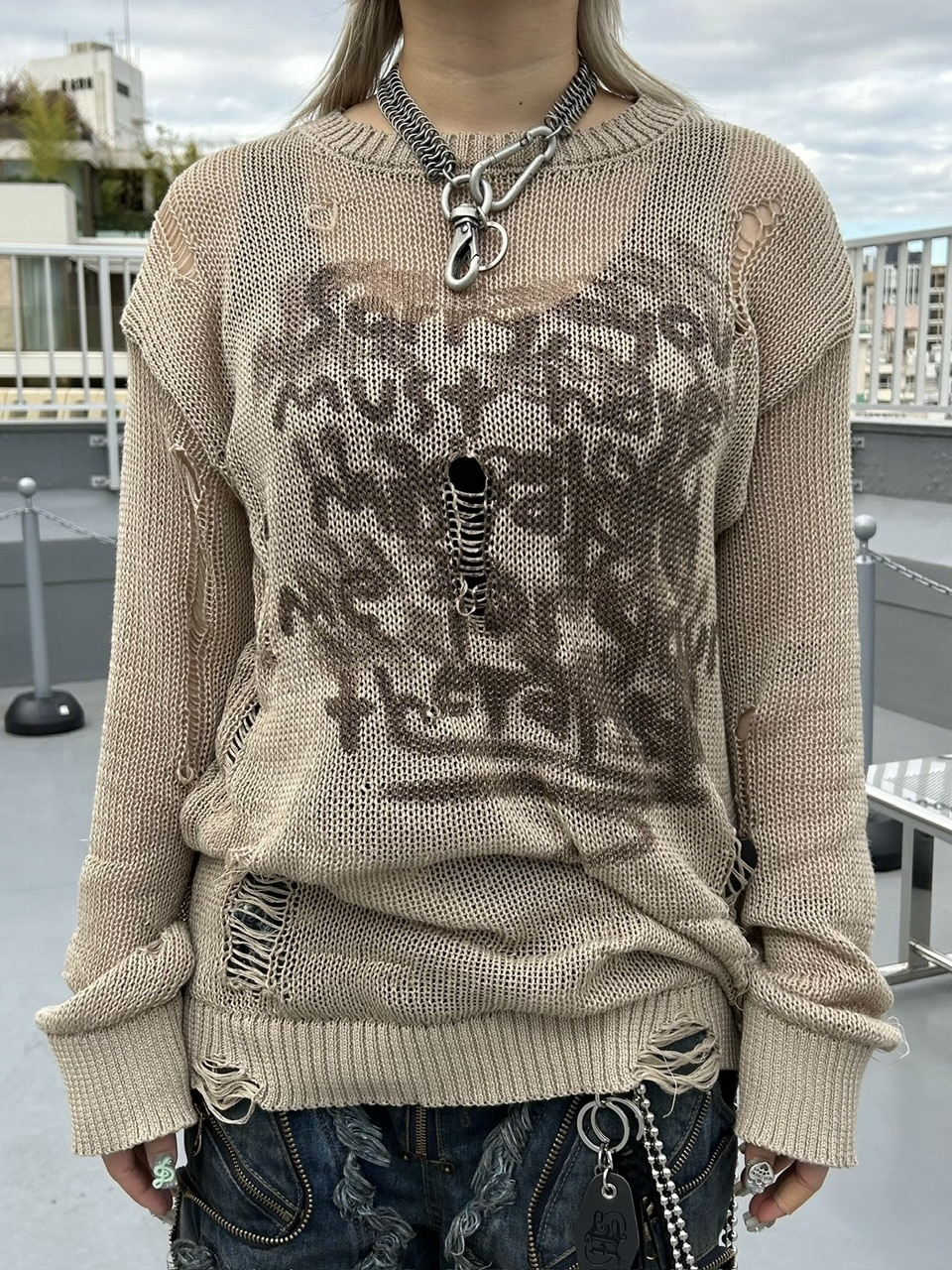 受注制【Never mind the XU】damage loose knit (3color) / 【ネバーマインドザエックスユー】ダメージルーズロゴ長袖ニット