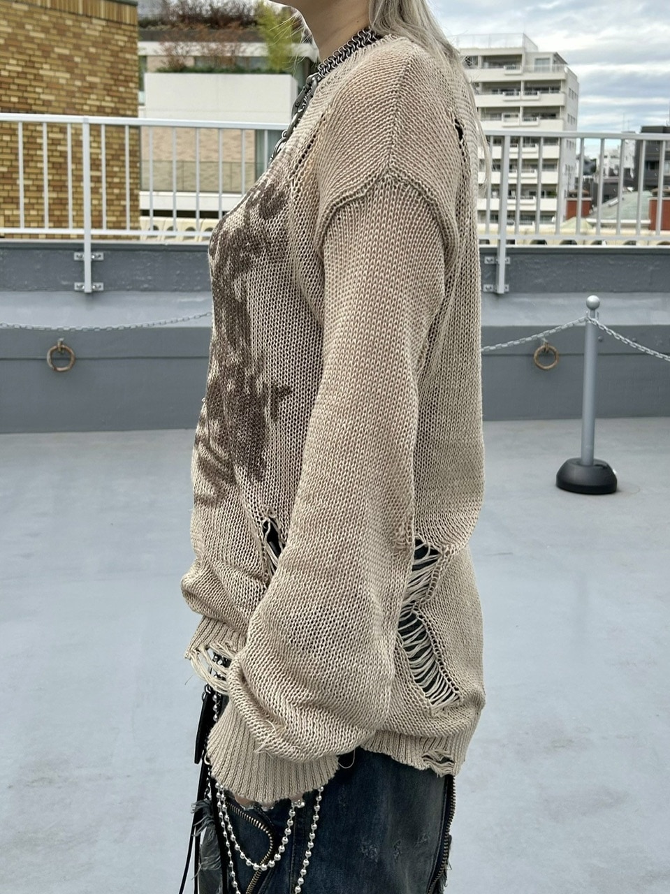 受注制【Never mind the XU】damage loose knit (3color) / 【ネバーマインドザエックスユー】ダメージルーズロゴ長袖ニット