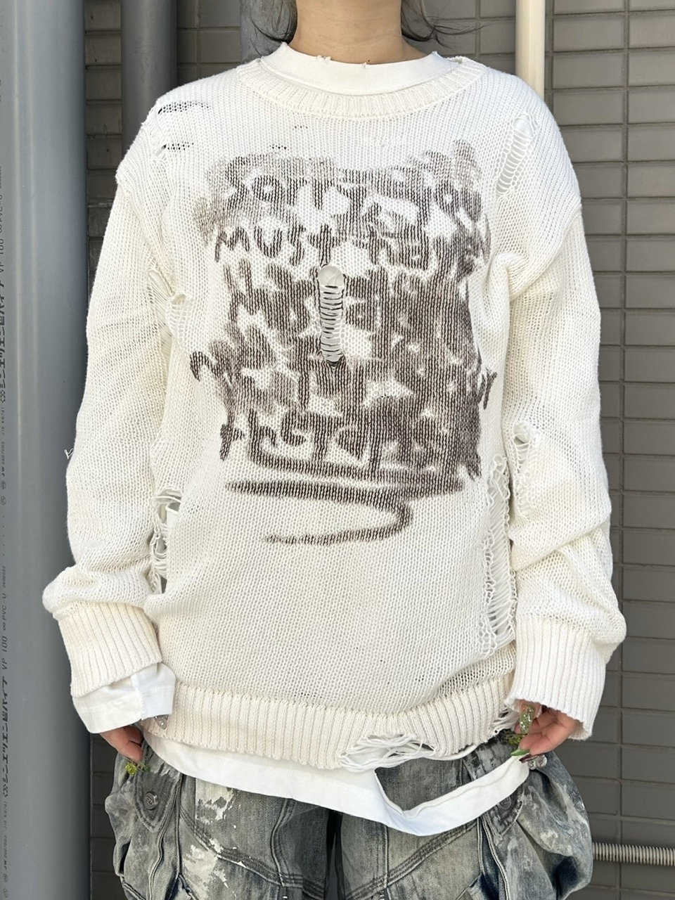 受注制【Never mind the XU】damage loose knit (3color) / 【ネバーマインドザエックスユー】ダメージルーズロゴ長袖ニット