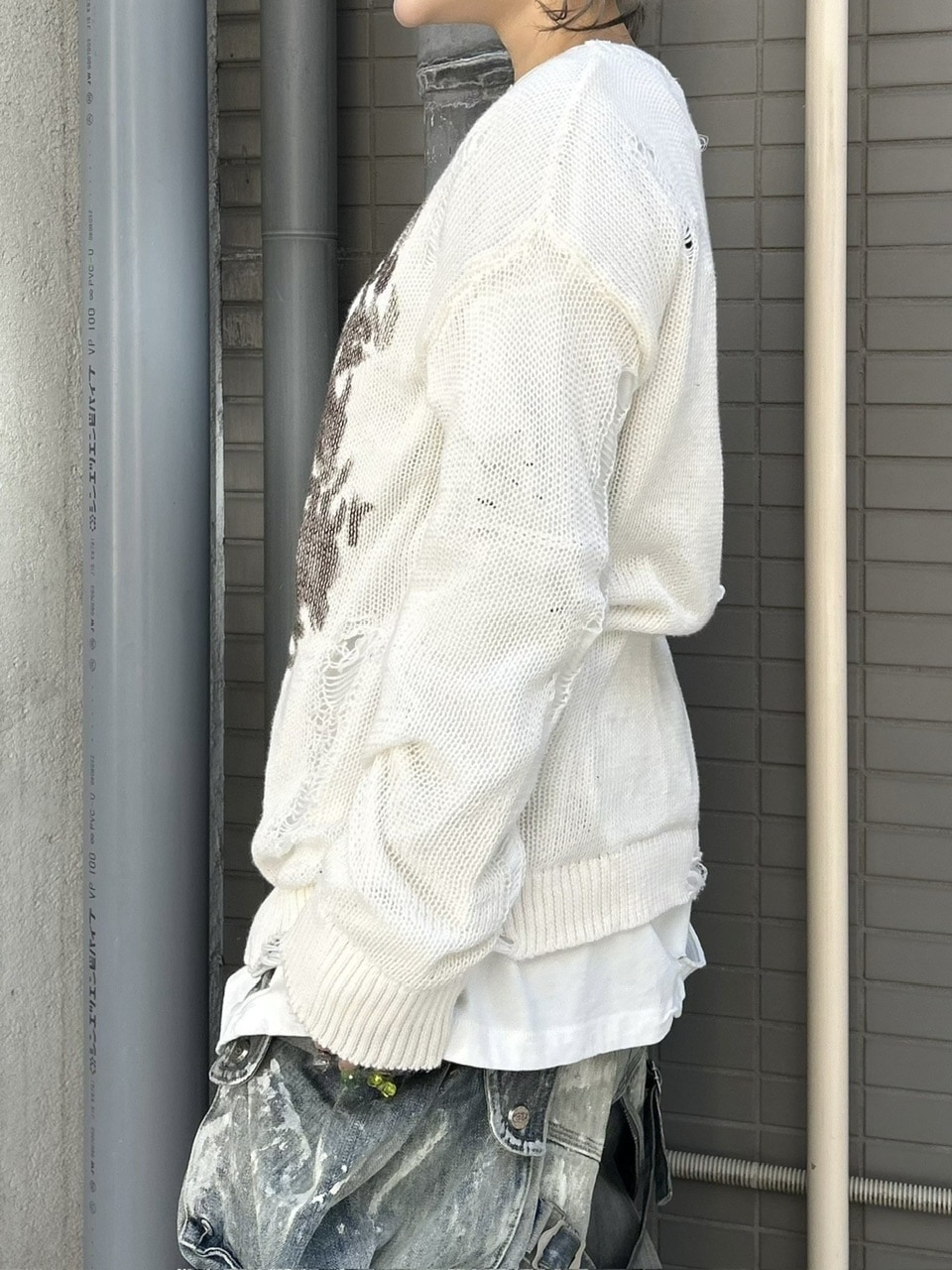 受注制【Never mind the XU】damage loose knit (3color) / 【ネバーマインドザエックスユー】ダメージルーズロゴ長袖ニット