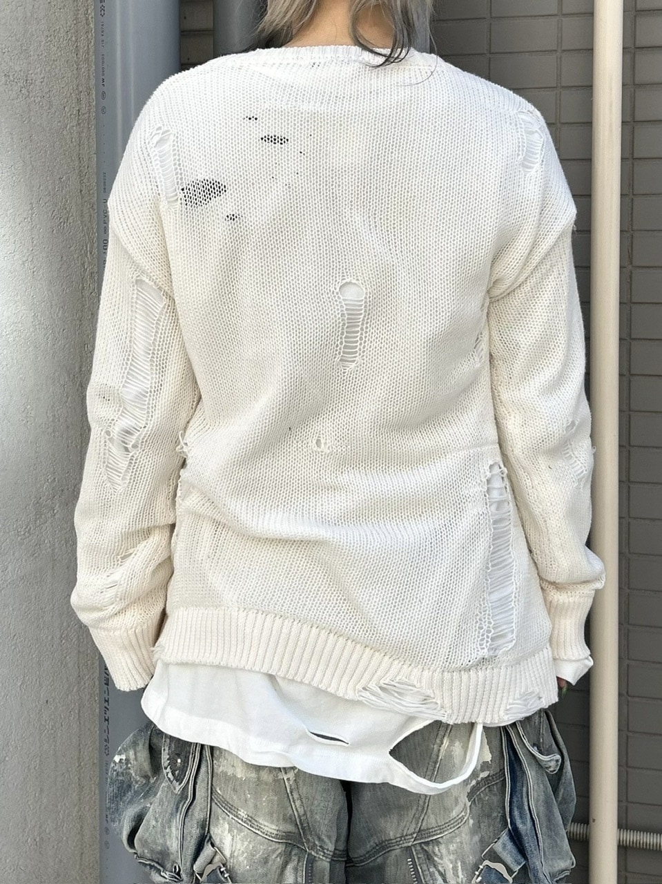 受注制【Never mind the XU】damage loose knit (3color) / 【ネバーマインドザエックスユー】ダメージルーズロゴ長袖ニット