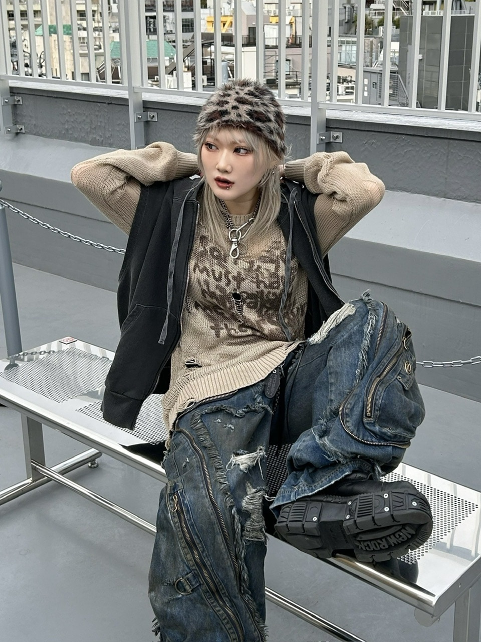 受注制【Never mind the XU】damage loose knit (3color) / 【ネバーマインドザエックスユー】ダメージルーズロゴ長袖ニット