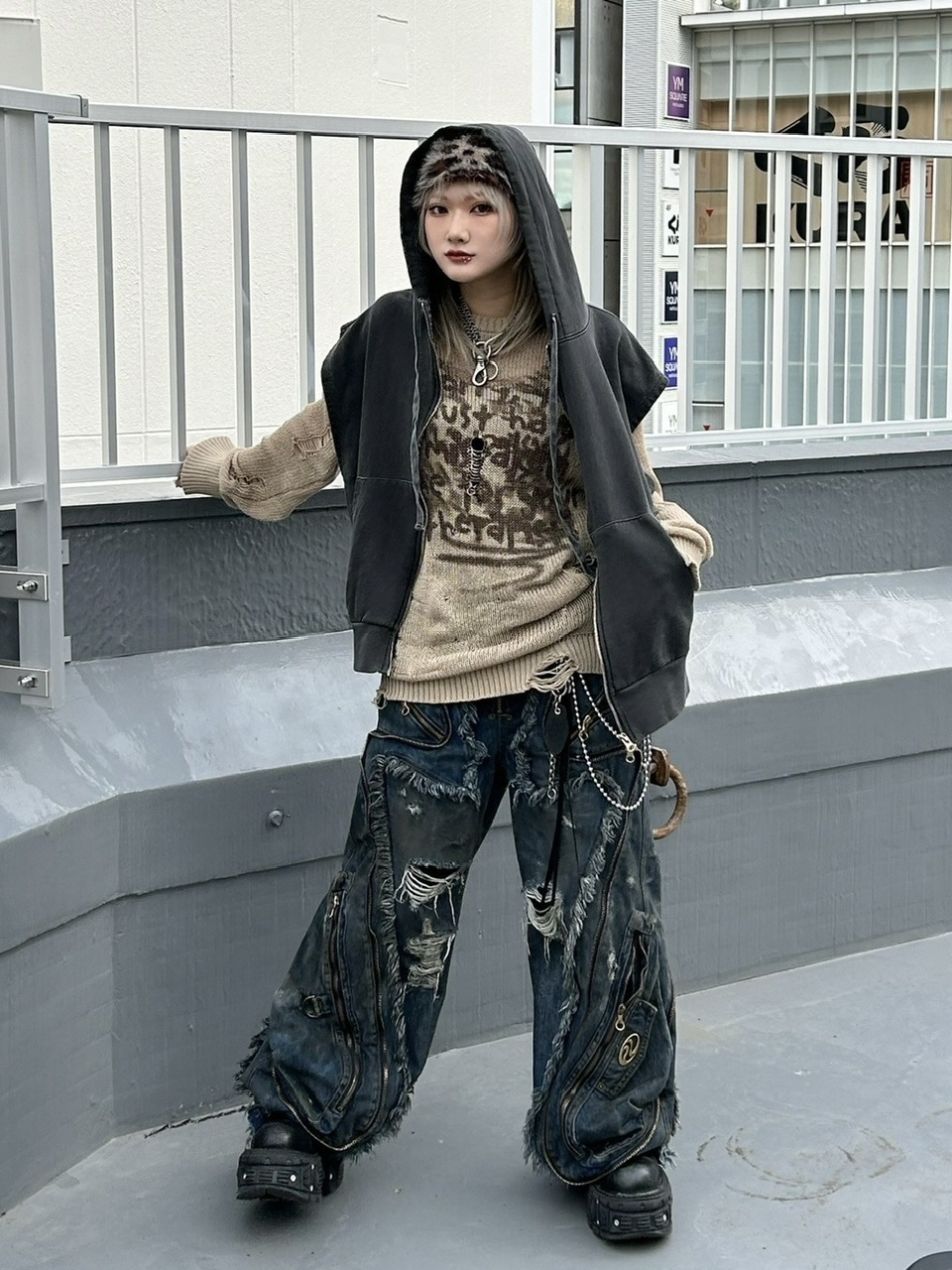 受注制【Never mind the XU】damage loose knit (3color) / 【ネバーマインドザエックスユー】ダメージルーズロゴ長袖ニット