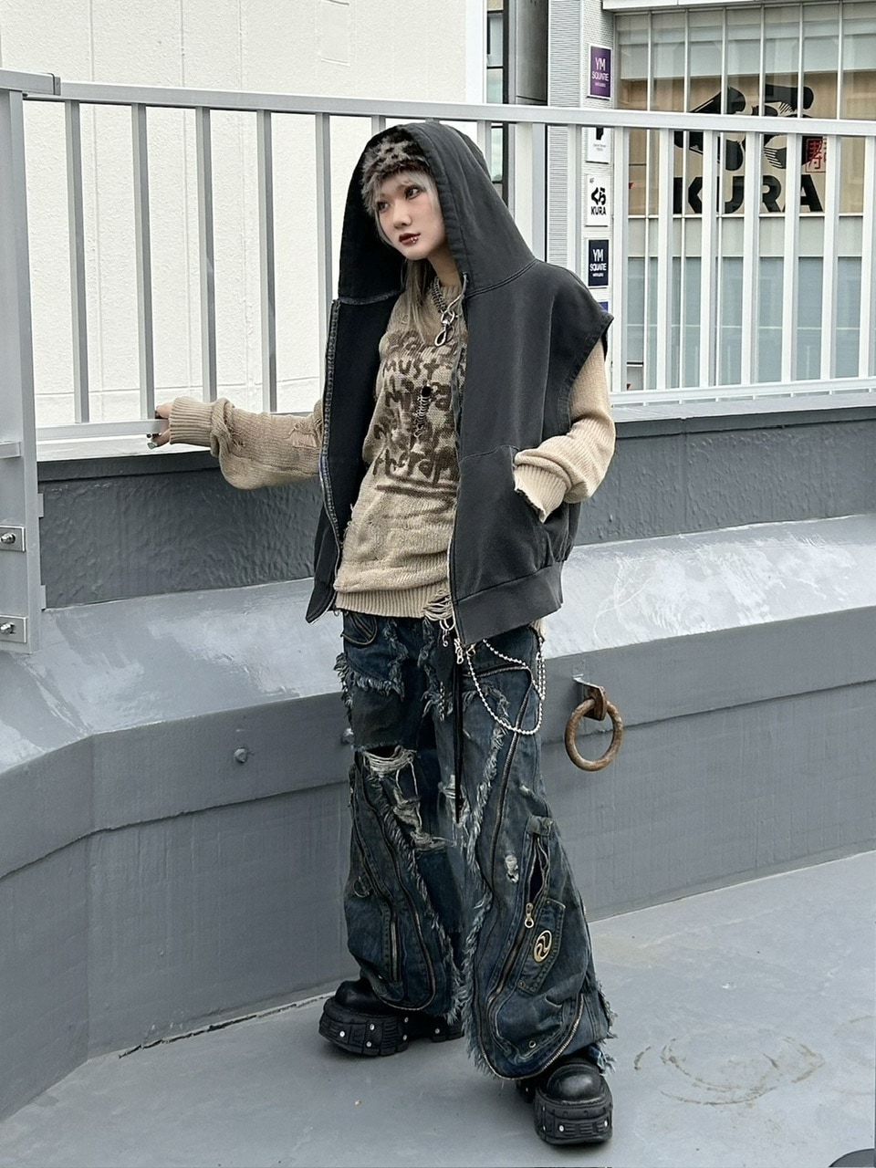 受注制【Never mind the XU】damage loose knit (3color) / 【ネバーマインドザエックスユー】ダメージルーズロゴ長袖ニット