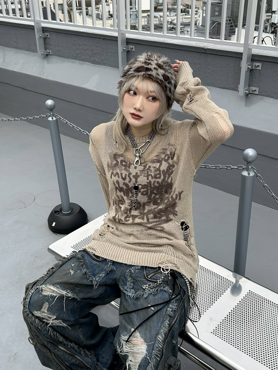 受注制【Never mind the XU】damage loose knit (3color) / 【ネバーマインドザエックスユー】ダメージルーズロゴ長袖ニット