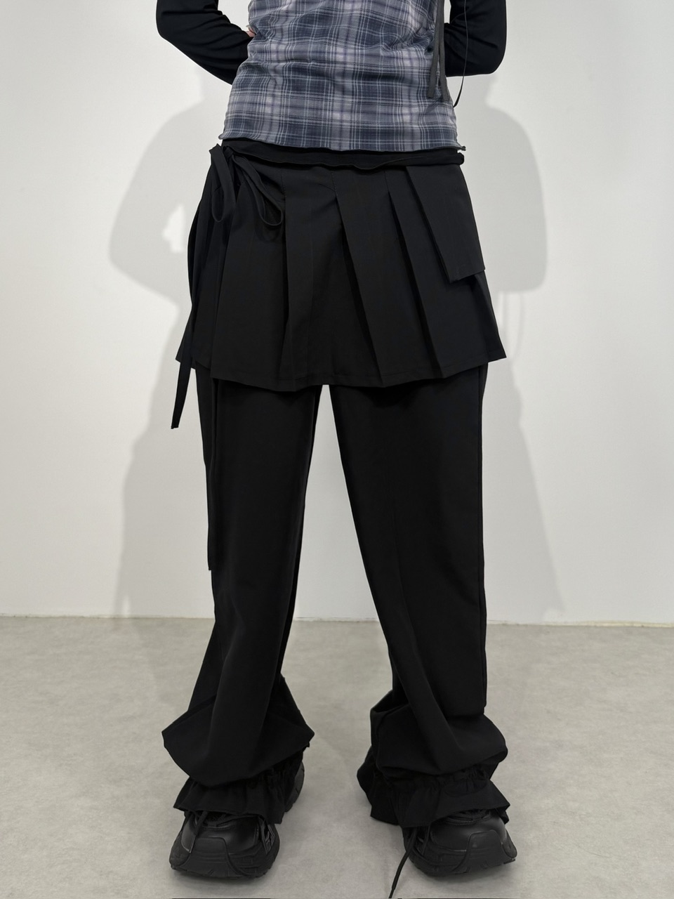 受注制【Nerd out XU】pleats layered skirt pants set (2color)