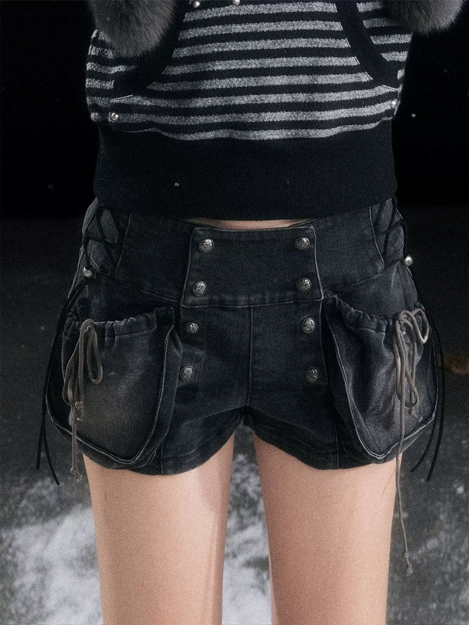 【Cest Nous】Bloom-style denim shorts / 【セヌー】レースアップリベットショートデニムパンツ