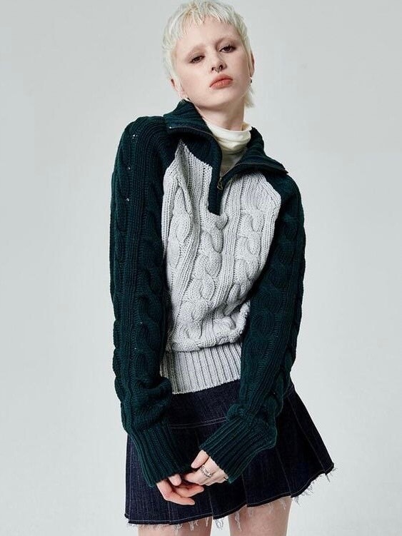 【runningHIGH】COLOR BLOCK TURTLENECK ZIP UP KNIT PULLOVER