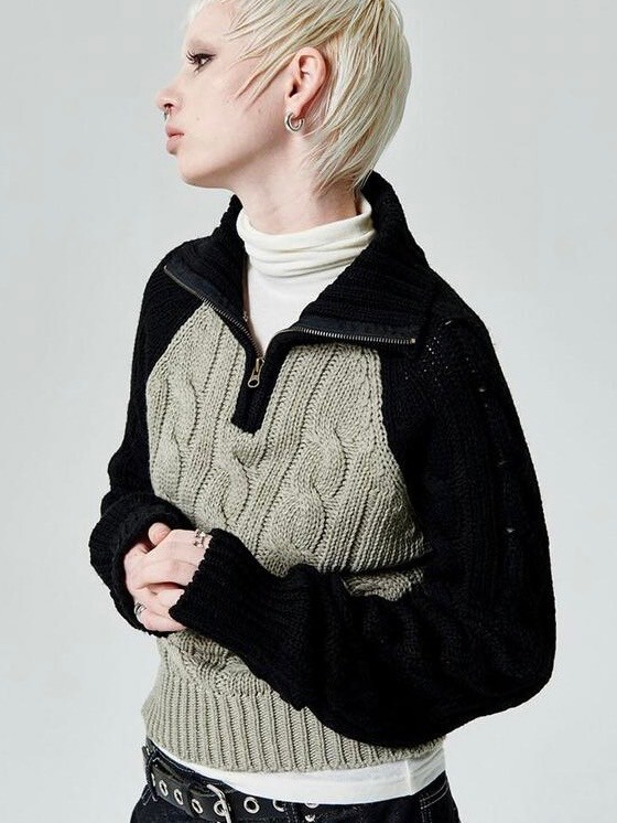 【runningHIGH】COLOR BLOCK TURTLENECK ZIP UP KNIT PULLOVER