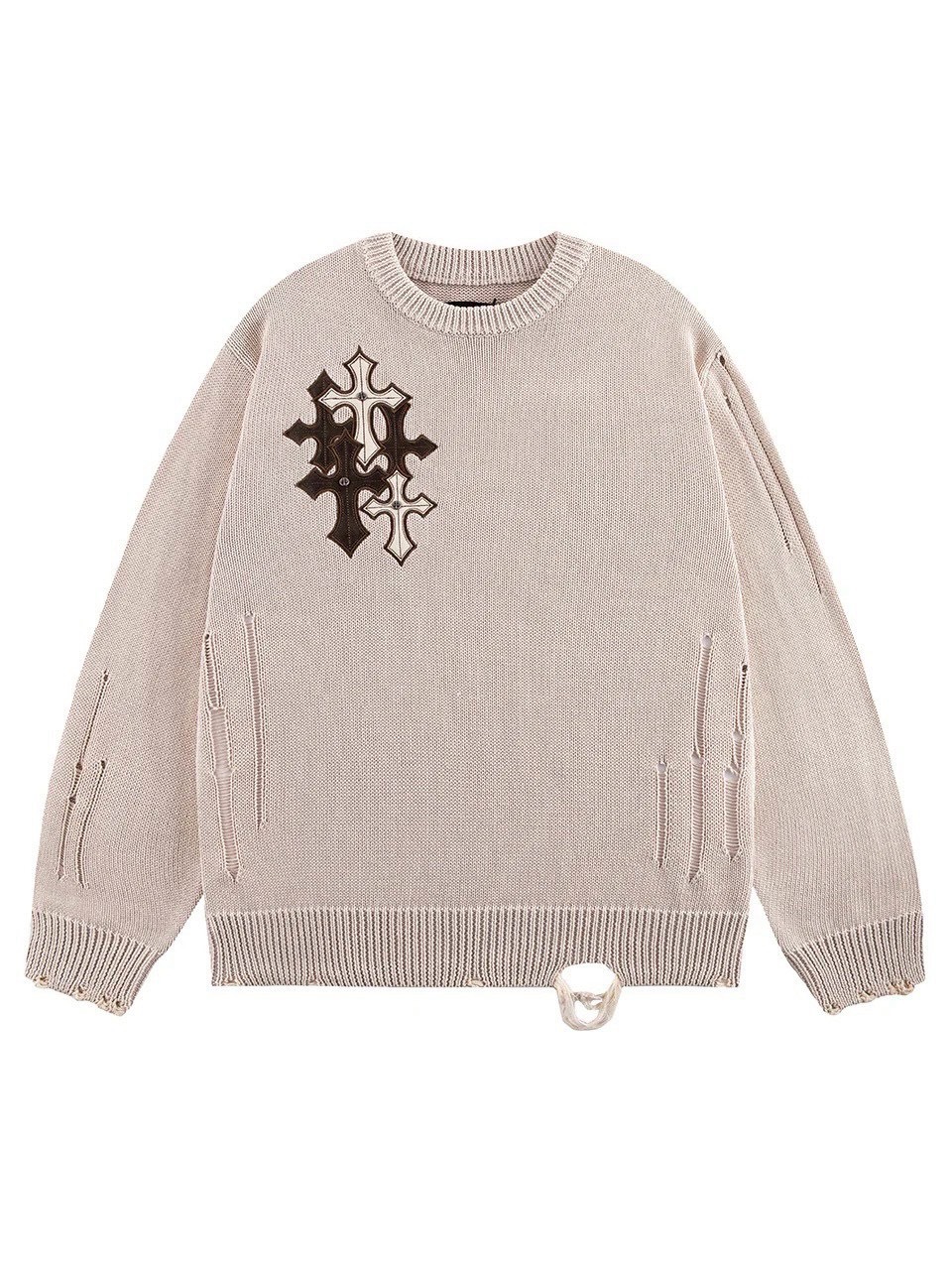 SUPPLIER】Distressed Multiple Cross Leather Patch Crew Knit