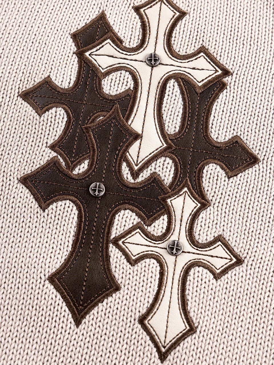 SUPPLIER】Distressed Multiple Cross Leather Patch Crew Knit