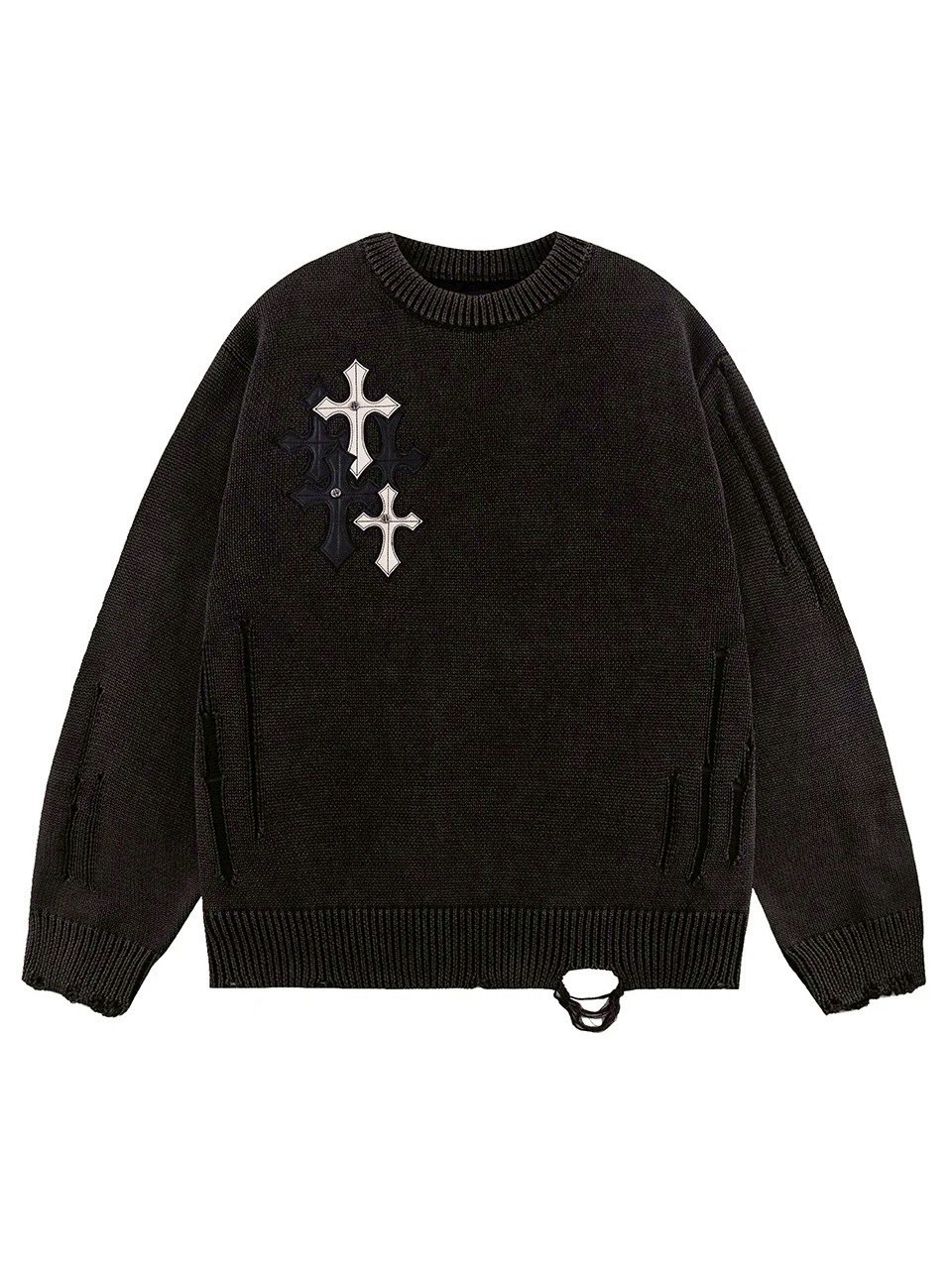 トップス Distressed Cross Leather Patch Crew Knit SUPPLIER】Distressed Multiple Cross Leather Patch Crew Knit