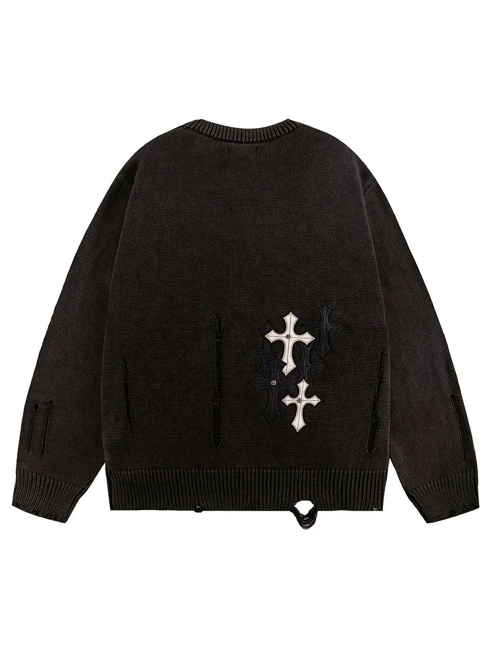 SUPPLIER】Distressed Multiple Cross Leather Patch Crew Knit