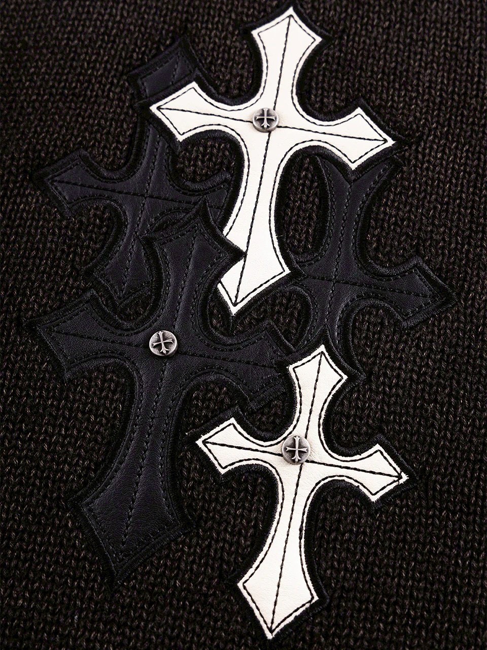 SUPPLIER】Distressed Multiple Cross Leather Patch Crew Knit