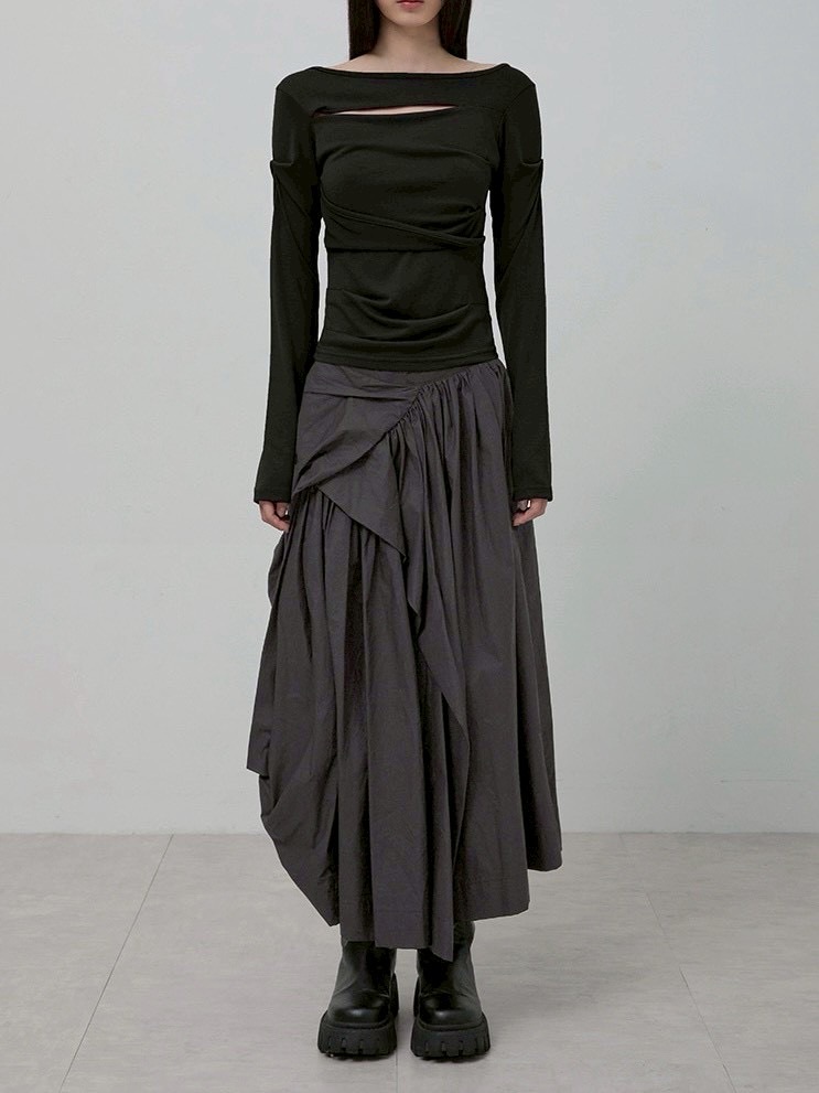 【FLAREUP】Asymmetrical Draped Layered Long Skirt / 【フレアアップ】アシンメトリードレープレイヤードロングスカート