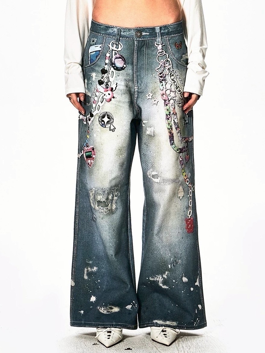 国内で当店のみ DND4DES - Cartoon Chain Wide-Leg Jeans DND4DES Cartoon Chain Wide-Leg Jeans