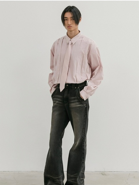 【ESC STUDIO】peach washing pintuck tie shirt