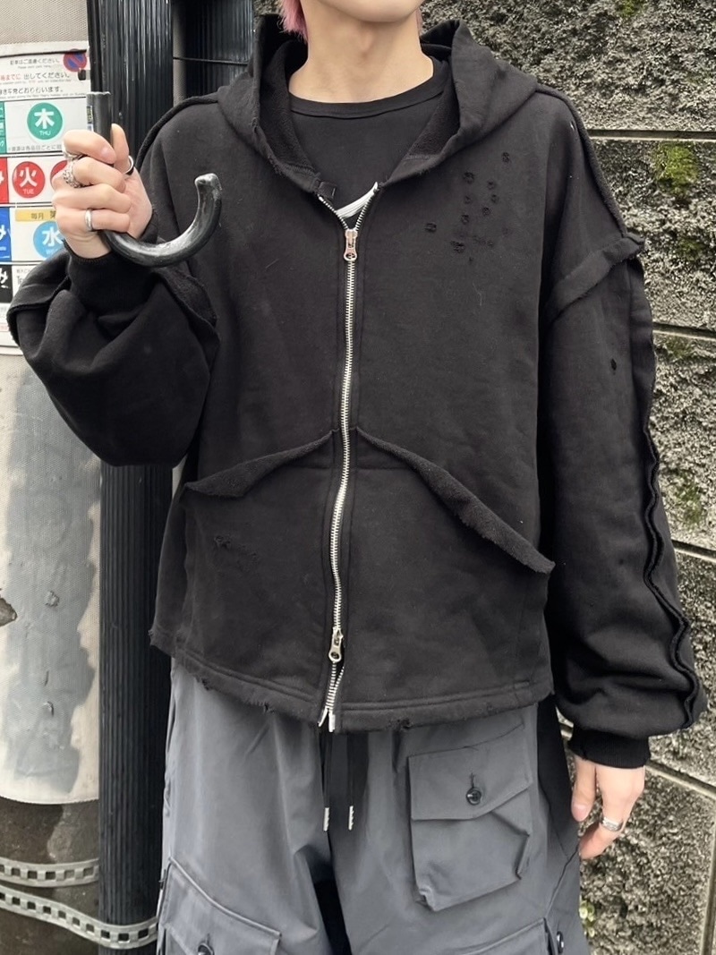 受注制【nmtc +】reverse design damage zip up hoodie (3color