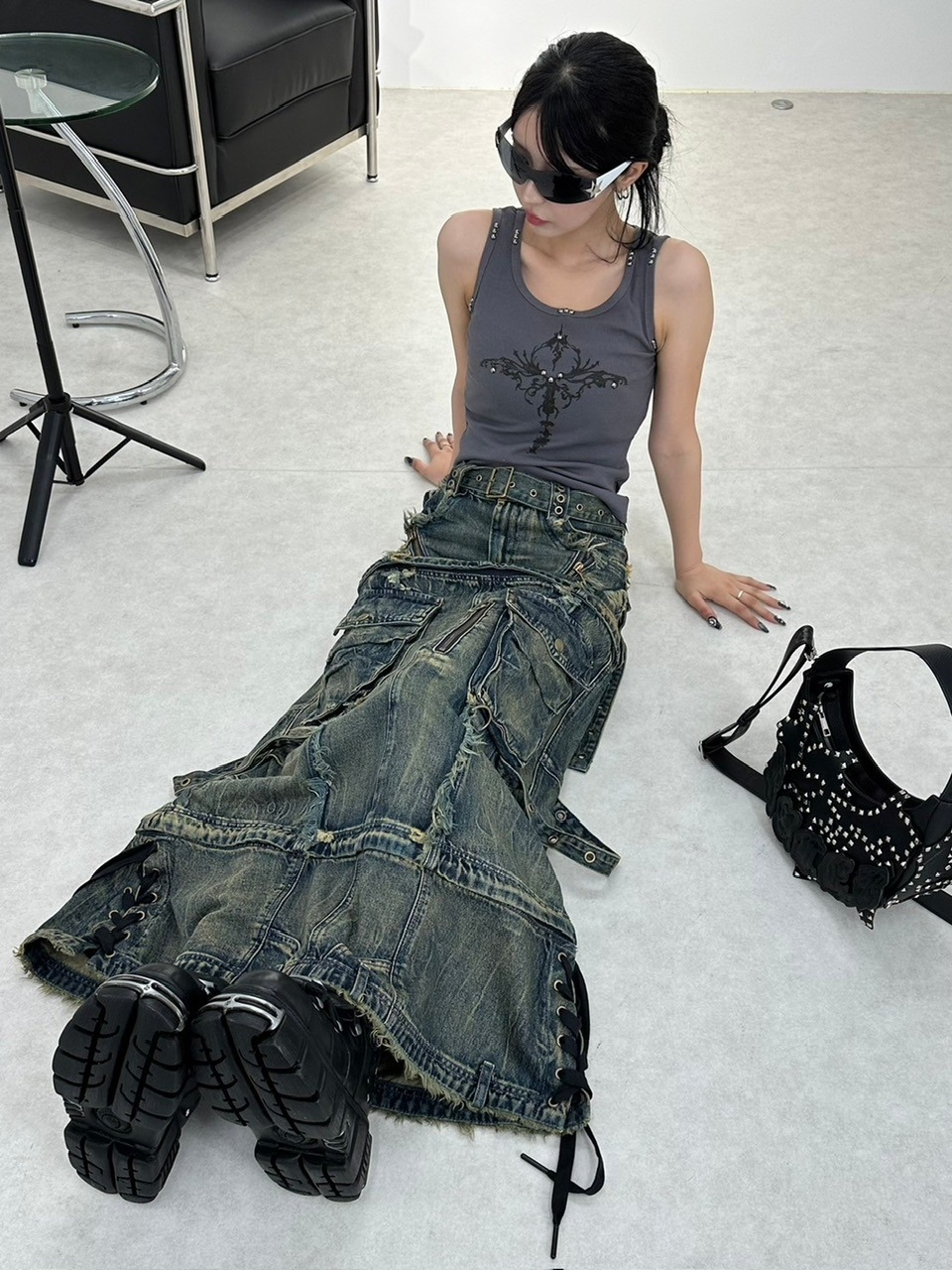 【XU DOG】studs cross print sleeveless (4color)