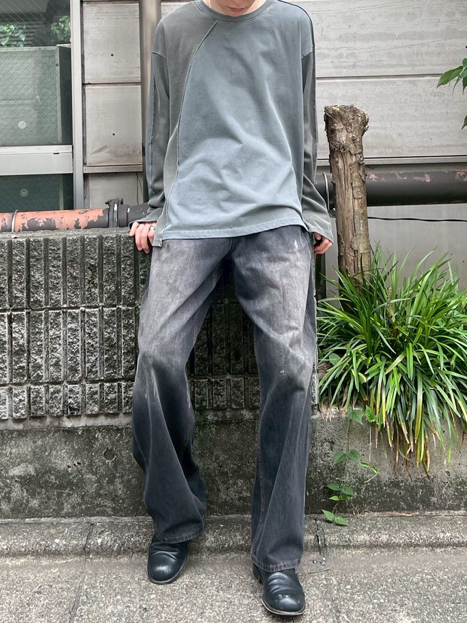 Chikashitsu +】dirty wash semi wide denim (2color