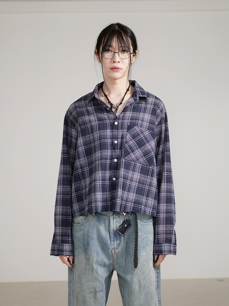 受注制【Chikashitsu +】cropped linen check shirt (3color