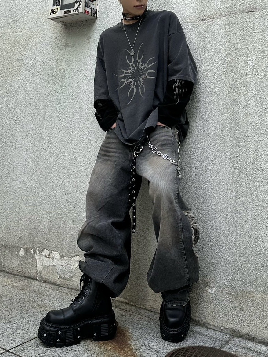 受注制【Never mind the XU】camouflage side damage denim pants