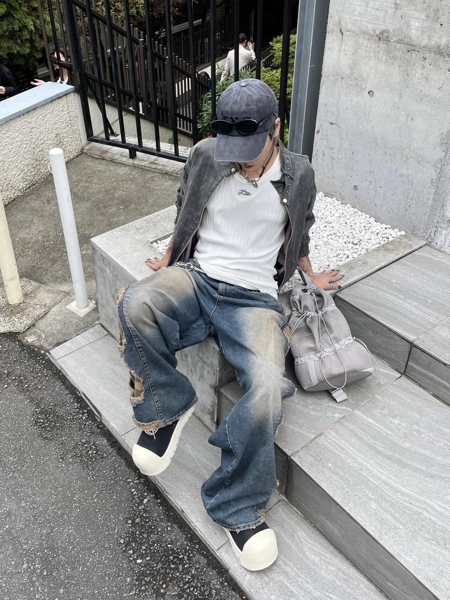 受注制【Never mind the XU】camouflage side damage denim pants