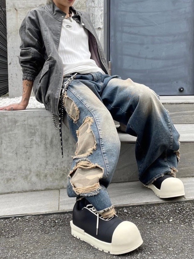 受注制【Never mind the XU】camouflage side damage denim pants
