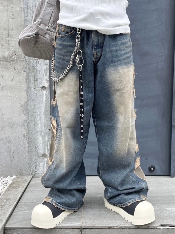 受注制【Never mind the XU】camouflage side damage denim pants