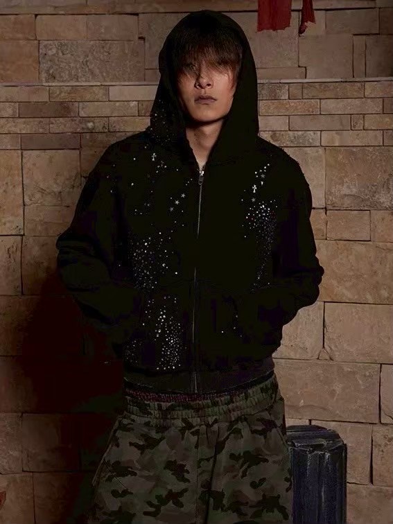 DND4DES】RHINESTONE BLACK ZIP-UP HOODIE | OUR BRAND,DND4DES