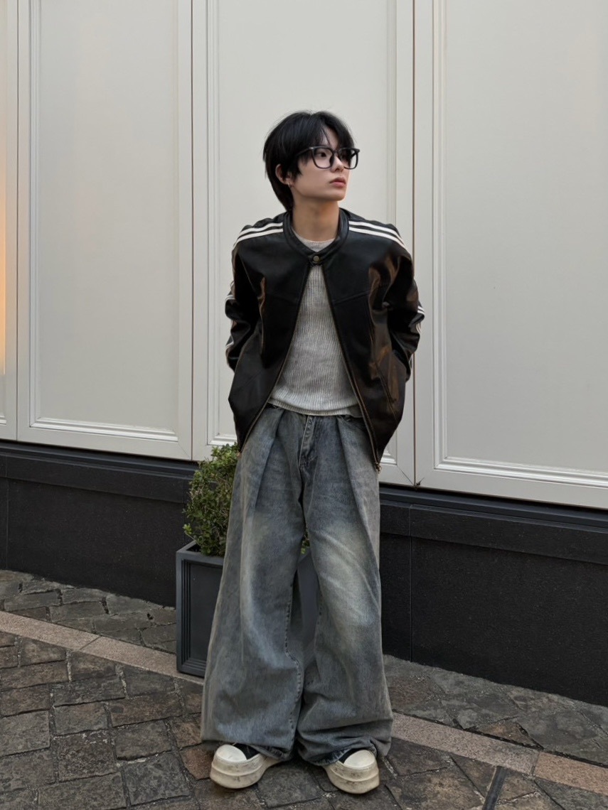 受注制【LUV CODE】line leather jacket (2color)