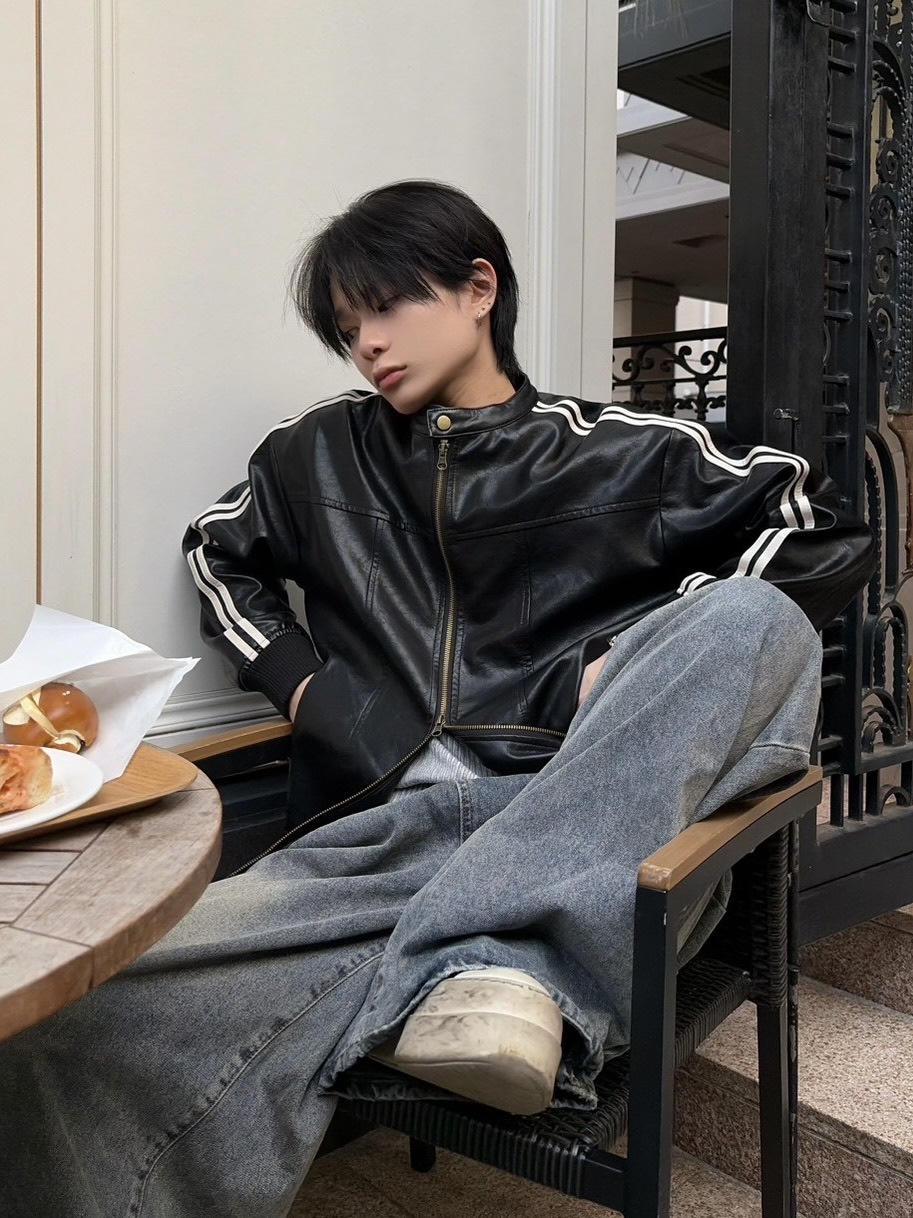 受注制【LUV CODE】line leather jacket (2color)