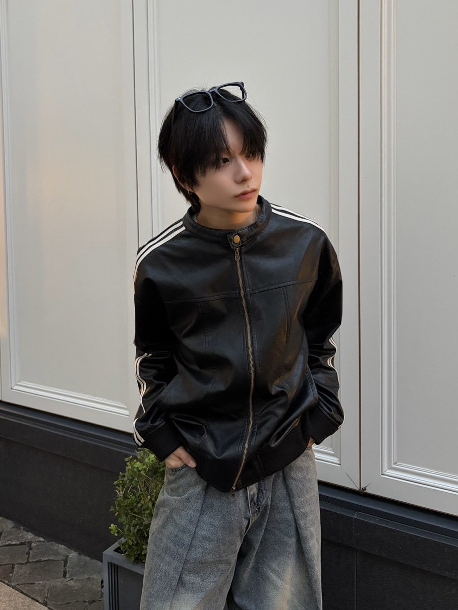 受注制【LUV CODE】line leather jacket (2color)