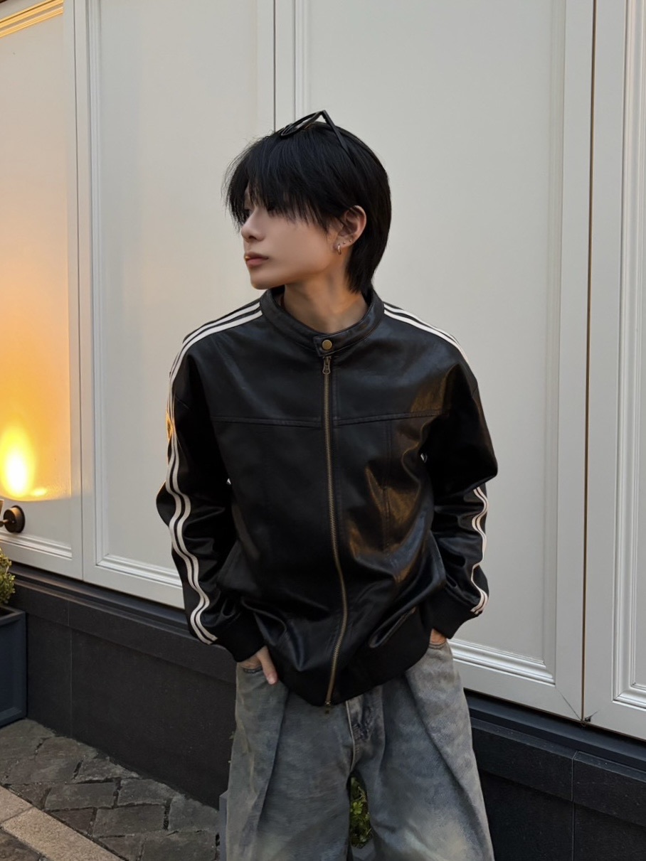 受注制【LUV CODE】line leather jacket (2color)