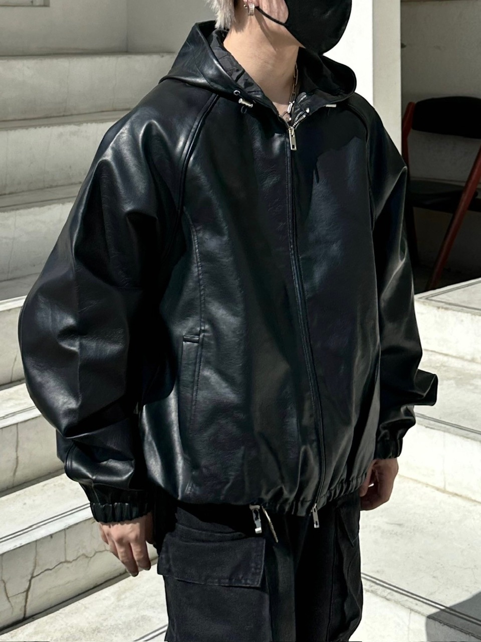 Chikashitsu +】fake leather hooded blouson (2color