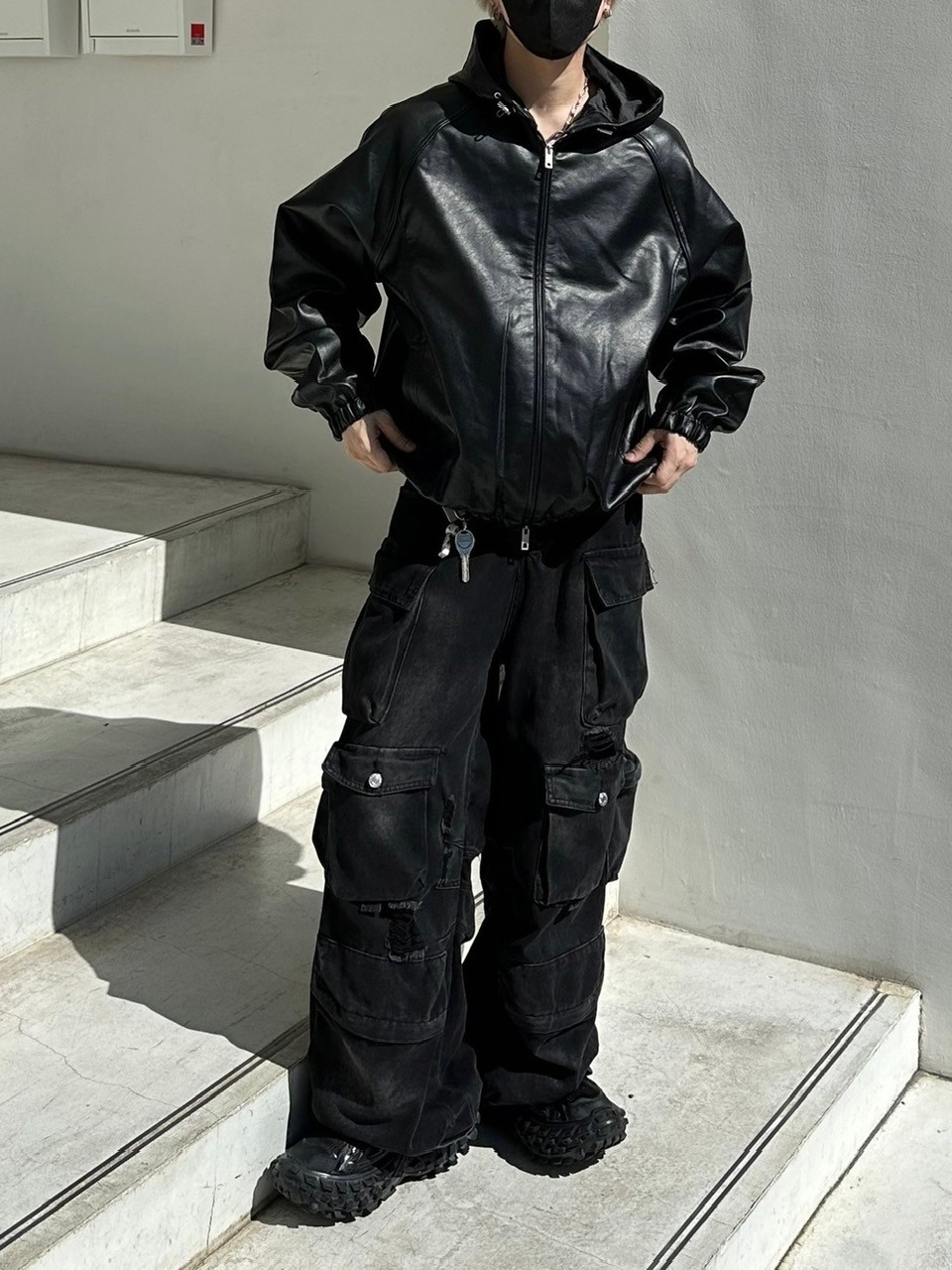 Chikashitsu +】fake leather hooded blouson (2color