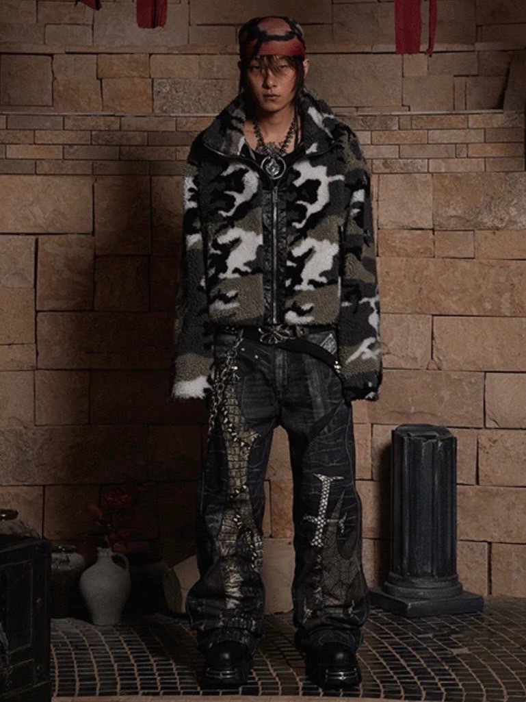 DND4DES】LEATHER CROSS SPLICING PRINTED JEANS | OUR BRAND,DND4DES