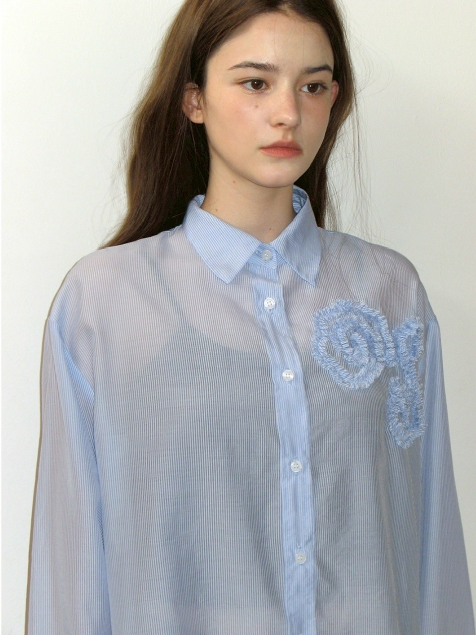 ✨最終価格✨ビアズリー　フラワー　刺繍シャツ　コットン　ストライプ　ブルー CRANK】FLOWER STRIPED SHEER SHIRT / 【クランク】フラワーストライプ