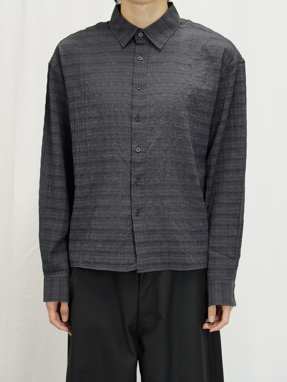 東京店WEB限定受注制【Chikashitsu +】cropped check sheer shirt