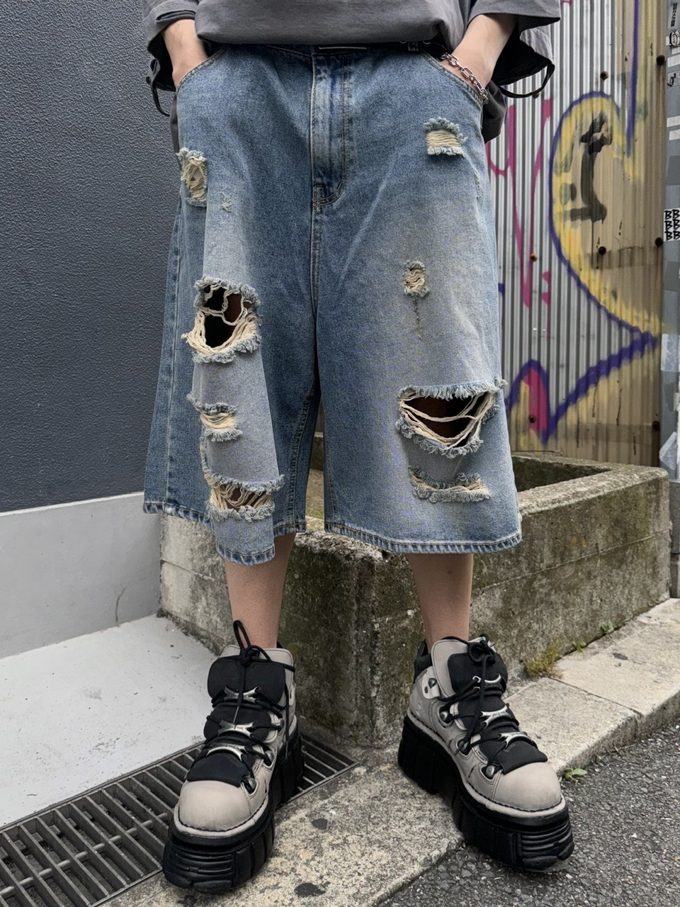 受注制【Never mind the XU】damage denim shorts 2 (2color