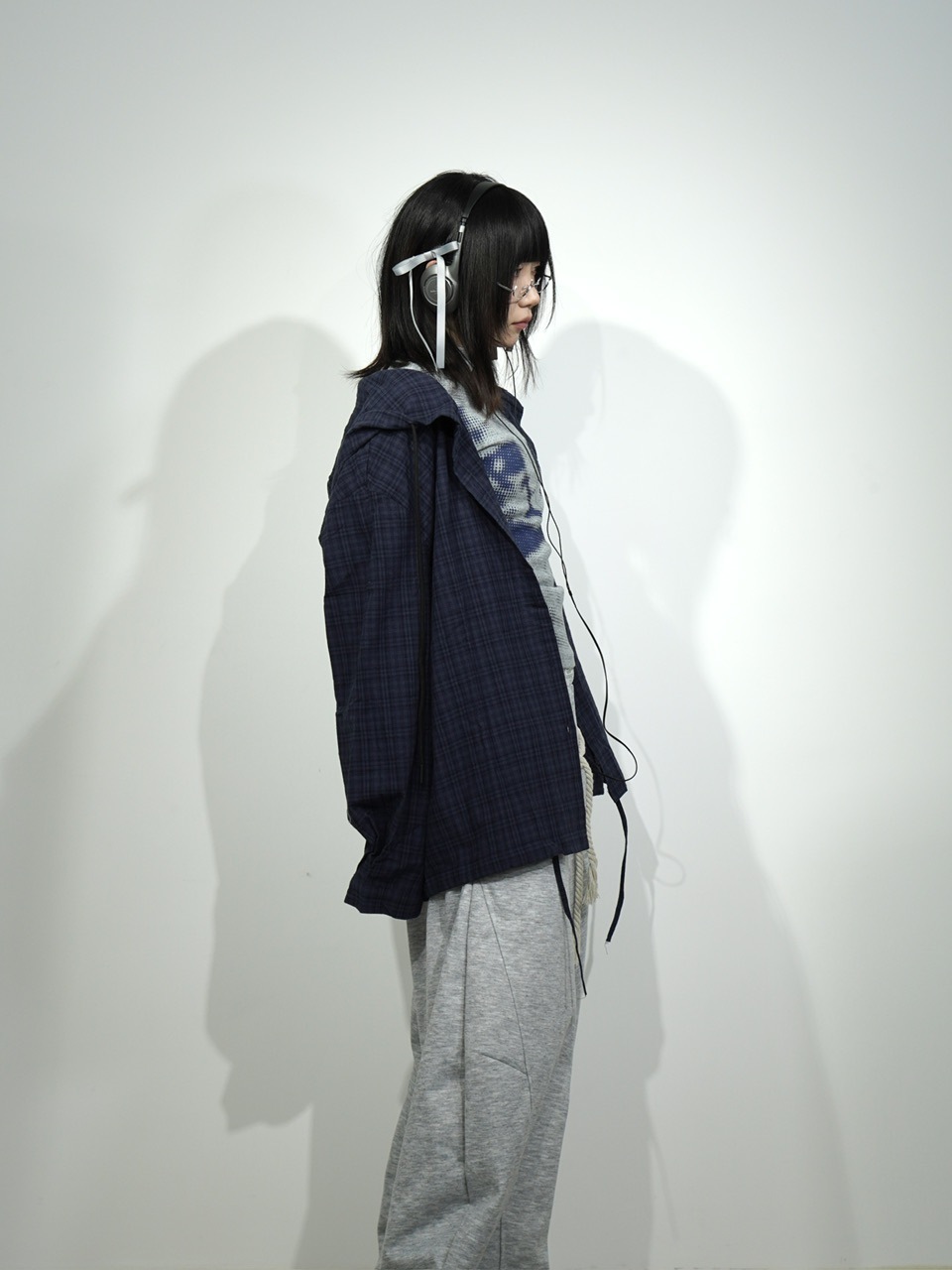 受注制【Nerd out XU】blue check hoodie shirt